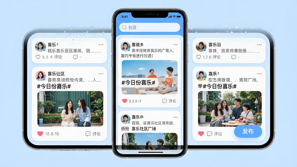 ���壺ϲ�ְ�APP�ġ�ϲ�������㳡�����棬��Ļ��չʾһ���ٲ�����Ϣ�б���ÿ���������û�ͷ�����ֺ�ͼƬ�������С����������������м���һ�����Ż��⡰#���շ�ϲ��#�������֣��ֻ���Ļ���У�����Ϊǳ��ɫ����������ռ����Ļ���Ű棺��Ƭʽ���֣�Բ�ǿ�Ƭ������ִ����磬ɫ�����졣ϸ�ڣ���Ļ���½��������ġ���������ť����Ƭ�·��а��ĺ�����ͼ�ꡣ���ʣ����壬�ɾ����޶���Ԫ�ء�