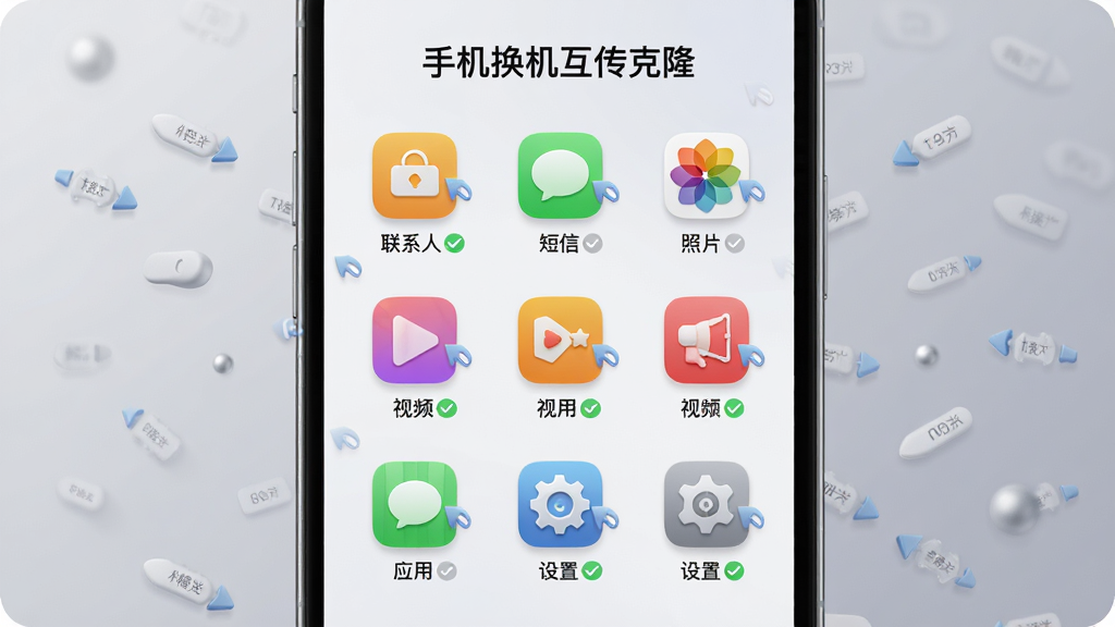 ��������Ϊһ���ֻ���Ļ���棬��Ļ���ԾŹ���ͼ����ʽչʾ����ϵ�ˡ����š���Ƭ����Ƶ��Ӧ�á����á���Ǩ�Ʒ��࣬ÿ��ͼ���·��н��ȹ�ѡ��ǡ����ֲ��þ���չʾ������Ϊ��ͽ����ɫ�����ΪдʵUI��ͼ��3DԪ�ؽ�ϣ�ϸ����ÿ��ͼ������΢С���ݴ����ͷ����Ļ������ʾ���ֻ�����������¡�����������ʸɾ�������