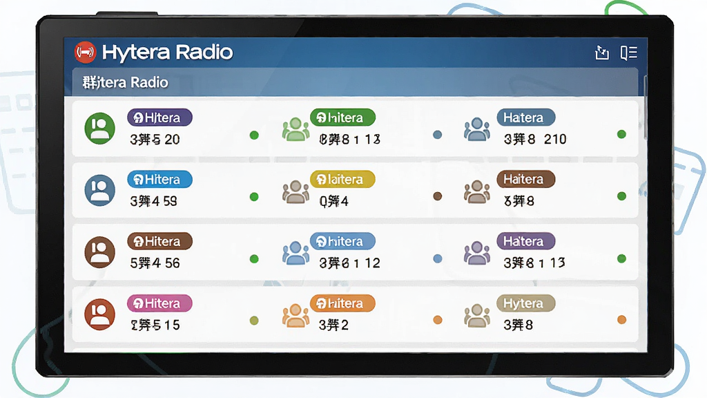 ��������չʾHytera Radio��Ⱥ��������ܣ���Ļ����ʾ�����ͬ��Ⱥ���б���ÿ��Ⱥ���в�ͬ��ɫ�ı�ǩ�ͳ�Ա����ͳ�ơ�����Ϊ�б�ʽ�ṹ���Ű��������򡣷��Ϊ�ִ�����磬ɫ�ʼ�����졣ϸ�ڰ���Ⱥ��ͼ�������״ָ̬ʾ�����ʸ���ˮ�����޶���Ԫ�أ�ͻ��