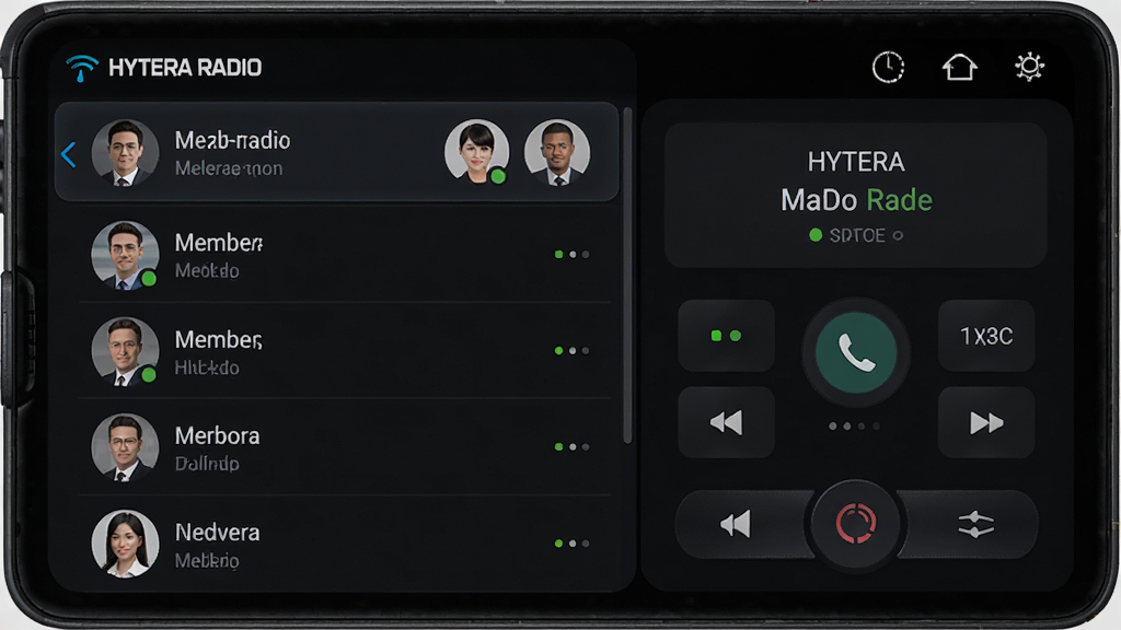 ����������Hytera RadioӦ�õĶԽ�������д��ͻ����ʾͨ���е�Ⱥ�����ƺͳ�Աͷ�񣬽��������ˡ����ֲ������ҷָ�ʽ�����Ϊ��Ա�б����Ҳ�Ϊͨ��������塣�Ű��ִ���������ɫ����UI�����Ƽ�ǰ����ϸ����ǿ��������״ָ̬ʾ�ơ�����ϸ��ɾ����޶���Ԫ�أ�չ��