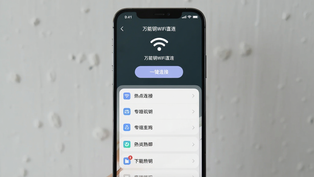 ����Ϊ�ֻ�����Ļչʾ������ԿWiFiֱ�����ļ����棬������WiFiͼ��͡�һ�����ӡ���ť���·��б�չʾ�ȵ����ƣ�����Ϊ����ɫǽ�ڣ����ֲ����������У����Ϊ�ɾ���ˬ�Ľ����ͼ���ϸ�ڰ���ɫ����͵İ�ť�����������֣����ʸɾ����޶���Ԫ�ء�