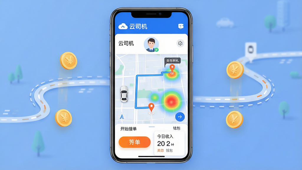主体:手机屏幕展示云司机代驾接单主界面,界面上方显示“云司机”品牌标识与司机头像,中间为地图导航路线与附近订单热力图,下方有抢单按钮与今日收入数据卡片。布局:手机居中,画面左右两侧辅以简洁的行驶轨迹线条和金币图标,整体构图平衡。排版:UI界面清晰,功能分区明确,图标文字标注“云司机”字样。风格:现代扁平化设计,蓝白主色调,辅以橙色高亮按钮。细节:地图上显示实时车辆位置与乘客起点终点标记,界面有“开始接单”“我的行程”“钱包”等清晰菜单。画质:高清渲染,干净,无多余元素。