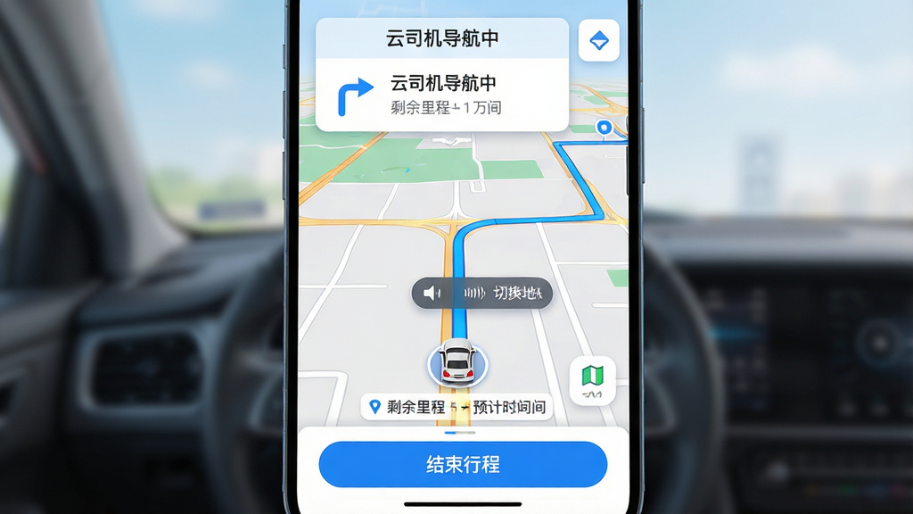 主体:云司机导航界面,地图上显示从当前位置到目的地的蓝色路线,上方有转向提示卡片,底部有“结束行程”按钮。布局:全屏地图展示,车辆图标位于地图中心偏下,路线清晰。排版:顶部提示“云司机导航中”,剩余里程与预计时间在底部卡片显示。风格:地图配色柔和,白天模式,道路清晰。细节:导航语音播报悬浮球显示,并有“切换地图”小图标。画质:高精度地图渲染,干净,无多余元素。