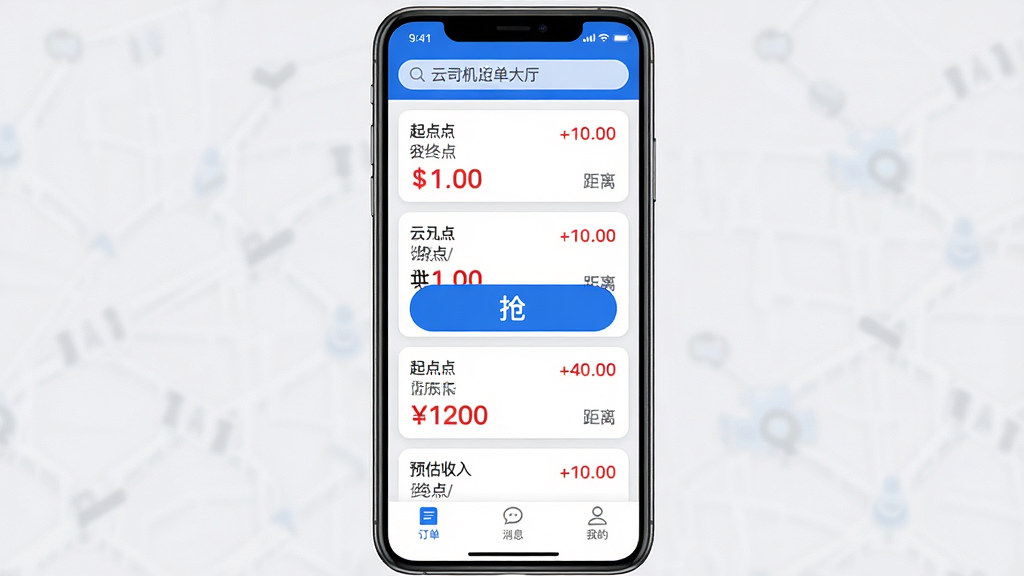 主体:云司机APP抢单大厅界面,列表展示多个订单卡片,每张卡片显示起点、终点、预估收入与距离。布局:手机竖屏居中展示,屏幕中心突出一个“抢”按钮,周围订单列表从上到下排列。排版:订单卡片圆角设计,信息左对齐,金额用醒目红色字体。风格:清爽商务风,背景浅灰,卡片白色,主色调蓝色。细节:顶部搜索栏显示“云司机抢单大厅”,底部导航栏有“订单”“消息”“我的”图标。画质:高清,干净,无多余元素。