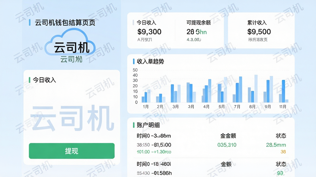 主体:云司机钱包结算页面,显示今日收入、可提现余额、累计收入,下方有提现按钮与账户明细列表。布局:页面顶部为金额大数字显示,中间为收入趋势柱状图,下方为最近订单记录。排版:数据卡片整齐排列,字体清晰。风格:简约商务,背景浅蓝,卡片白色。细节:有“云司机”水印,提现按钮为绿色,明细中每条订单包含时间、金额、状态。画质:高清,干净,无多余元素。