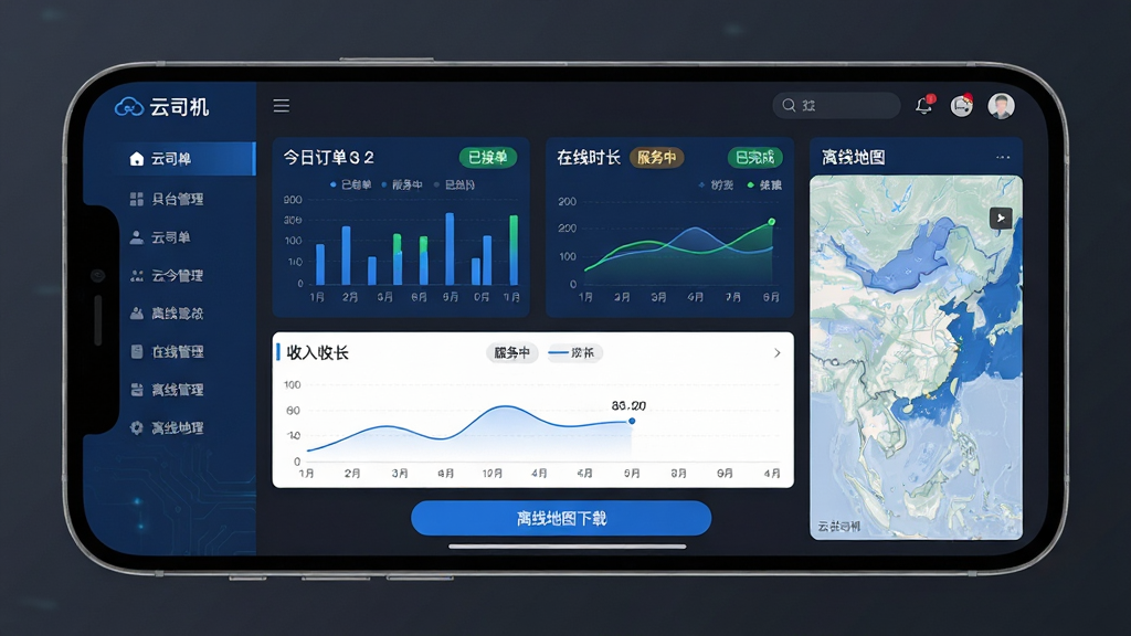 主体:手机横屏展示云司机司机端后台管理界面,包含今日订单统计图表、在线时长、收入曲线,以及离线地图下载页面。布局:左侧为侧边栏菜单,右侧为数据仪表盘,下方有“离线地图下载”按钮。排版:数据卡片整齐,图表清晰。风格:深蓝科技风,背景深灰。细节:屏幕显示“云司机”字样,有“已接单”“服务中”“已完成”状态标签。画质:高清,干净,无多余元素。