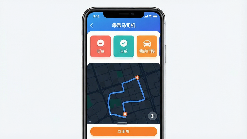 ��������չʾһ���ֻ�����Ļ������ʾ���Թ���˾����APP�����棬�����Ϸ�Ϊ��ɫ���䵼�������м�������С����������������������ҵ��г̡�������ɫ���ܿ�Ƭ���·�Ϊ��ɫ��ͼ·��չʾ�����������ƽ����UI��Ƽ���ִ���ɫ��������Ϊ�������Գ�ɫ������ť����ͼƽ�⣬�Ű���������ʸ��壬�ɾ��޶���Ԫ�ء�