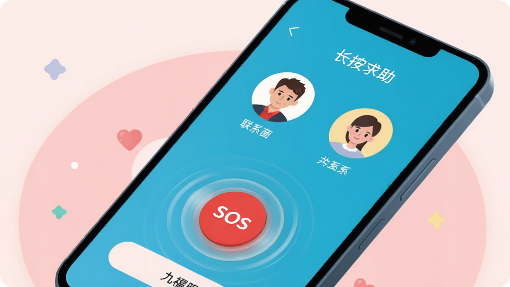 ��������Ϊһ�����������ֻ�����Ļ����ʾ���Ÿ����񡱽���������棬������Ŀ�ĺ�ɫSOS��ť����ϵ��ͷ�񡣲��ֲ��þ��й�ͼ���ֻ���΢��б���Ӷ��С��Ű��ϰ�ťλ����Ļ�·����Ϸ���ʾ���������������֡����Ϊ�ִ���ƽ�廭������Ϊ����ɫ�������ػ���ϸ���ϰ�ť���в�����ɢЧ��������ͷ�������ɱ档���ʸ��壬�ɾ����޶���Ԫ�ء�