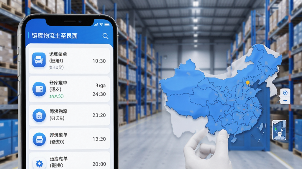 链库物流主界面截图,手机屏幕显示运单列表与地图追踪,背景为现代物流仓库,蓝白配色,界面简洁清晰,图标立体感强,整体风格科技感十足,画质高清干净