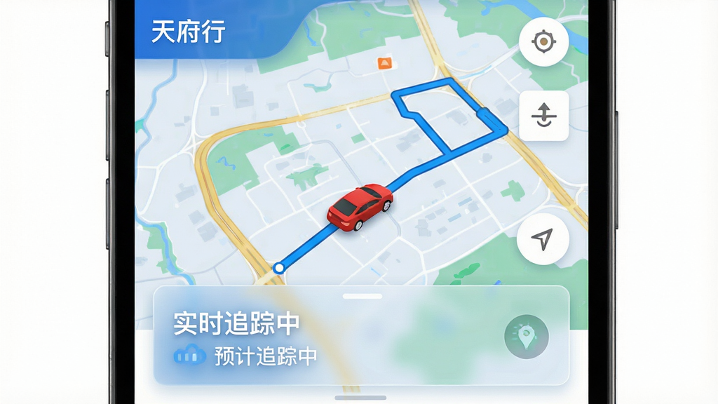 ���壺�츮��APP��ʵʱ��ͼ���棬��ʾһ����ʻ�еĳ���ͼ���·�߹켣�����֣���ͼռ�󲿷֣��ײ����г���Ϣ��Ƭ����ʾԤ�Ƶ���ʱ�䡣�Ű棺��ͼ������ɫ·�ߣ�����ͼ��Ϊ��ɫ����Ƭ��͸������񣺿Ƽ��У���ͼ������ɫ�ʱ��͡�ϸ�ڣ����Ͻ��С��츮�С���������Ƭ����ʾ��ʵʱ׷���С�������ɾ������ʣ����壬�޶���Ԫ�ء�