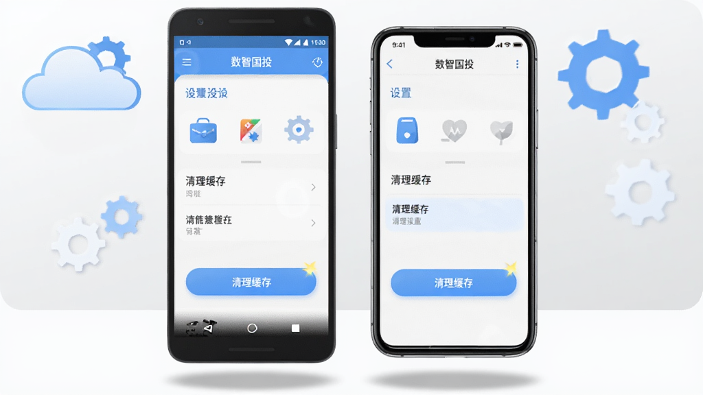 ���壺һ��Android�ֻ���һ��iPhone�ֻ����ŷ��ã���Ļ����ʾ�����ǹ�Ͷ���ġ����á�ҳ�棬�С��������桱ѡ����֣��ֻ����У�����Ϊǳ��ɫ���䣬�Ϸ����ƶ�ͳ���ͼ�ꡣ�Ű棺��Ļ����������ͼ��Բ�󡣷�񣺱�ƽ�廭�磬��ɫ�����ס�ϸ�ڣ��ֻ��·�����Ӱ���������水ť�и߹⡣���ʣ��ɾ��޶���Ԫ�ء�