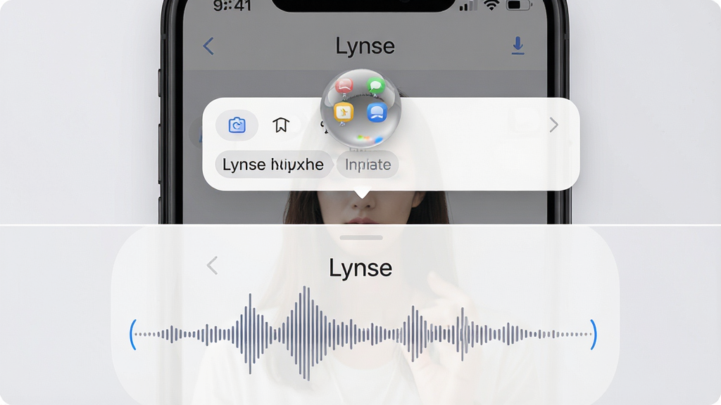 一张展示Lynse快捷记录功能的演示图,画面中手机屏幕被分割为上下两部分,上半部分显示悬浮球被点开后弹出的快速输入框,下半部分展示语音转文字的波形动画,背景为浅灰色,界面元素排列有序,清晰标注