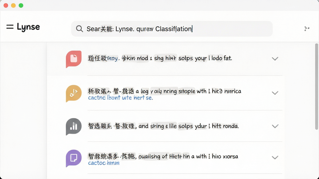 一张展示Lynse智能分类管理功能的界面截图,画面中央是笔记列表,每条笔记左侧带有不同颜色的标签图标,顶部搜索框显示自然语言查询示例,背景为白色,布局规整,排版清晰,软件名称