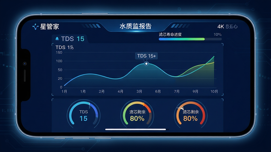 ���壺�ֻ�����չʾ�ǹܼ�APP��ˮ�ʼ��ͼ������Ļ����ʾ���ǹܼҡ�ˮ�ʱ���ҳ�棬����TDSֵ��������о���������������֣�ҳ������Ϊ�������ͼ���·�Ϊ����Բ��ָ���Ǳ��̡��Ű棺���ݱ�ǩ����������ƽ�����Ǳ�����ɫ����ֵ�仯����񣺿Ƽ����������������ݿ��ӻ����ϸ�ڣ�ͼ���б�ע��TDS 15���͡���оʣ�� 80%������Ļ��Ȧ��΢��Ч�����ʣ�4K���壬�ɾ����޶���Ԫ�ء�