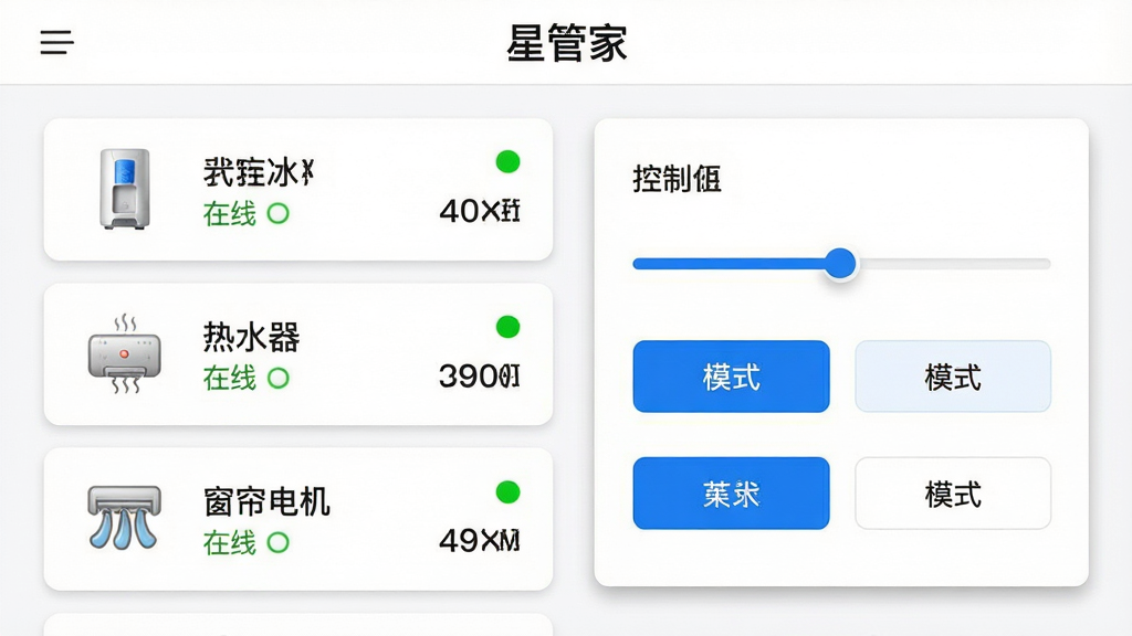 ���壺�ǹܼ�APP���豸����ҳ�棬���Ϊ�豸�б����Ҳ�Ϊ�豸���������壬ҳ�涥����ʾ���ǹܼҡ����������֣����ҷ���ʽ��ƣ��б��������ˮ������ˮ�������������ͼ�ꡣ�Ű棺ÿ���豸��Ƭ��ʾ���ơ�����״̬�뵱ǰ��ֵ����������л�������ģʽ��ť����񣺼������磬��ɫ����������ɫ������ť��ϸ�ڣ��豸ͼ�꾫�£�״ָ̬ʾ��Ϊ��ɫ������������΢��Ӱ�����ʣ��߷ֱ��ʣ��ɾ����޶���Ԫ�ء�