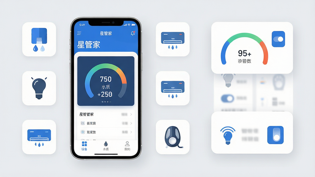 ���壺�ǹܼ�APP���������ܼҾ��豸�����������ֻ���Ļ����ʾ���ǹܼҡ������棬��Χ���ƾ�ˮ�������ܵ��ݡ��յ����豸ͼ�ꡣ���֣��ֻ�����ƫ���Ҳ�Ϊ�������豸���ƿ�Ƭ�������L�͹�ͼ���Ű棺�ֻ���������չʾ���豸������ˮ�ʡ������ҵġ������ײ���ǩ����Ϣ�㼶����������ִ���ƽ����������ɫ��������ǳ�ұ�����ϸ�ڣ������ϵ����ֱ�ǩ�����ɶ���ˮ��������Բ���Ǳ��̳��֣��豸��Ƭ���п��ذ�ť�����ʣ�8K�����壬�ɾ����޶���Ԫ�ء�