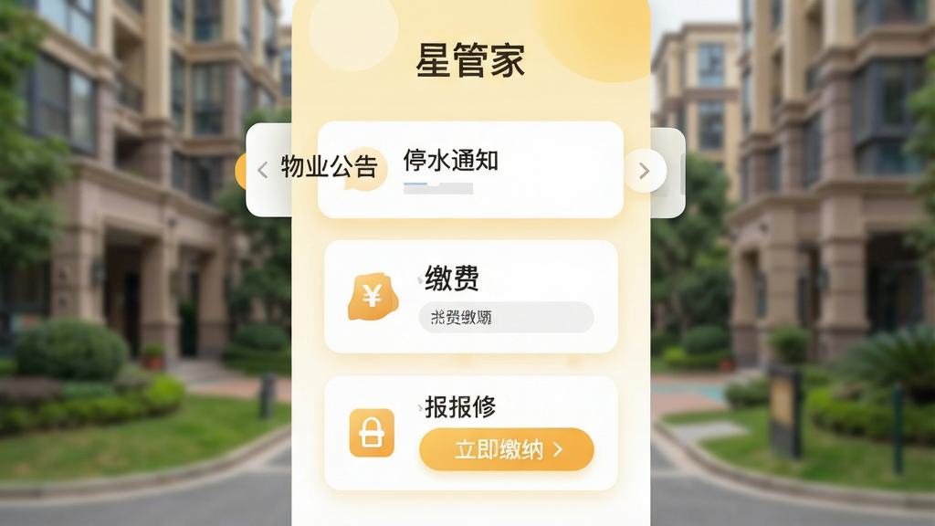 ���壺�ǹܼ�APP����������ҳ�棬����Ϊģ����С��ʵ����ǰ����������ҵ���桢�ɷѡ������������ܿ�Ƭ�����֣���Ƭ�ʴ�ֱ���У����濨ƬΪ���������ʽ���Ű棺����Ϊ���ǹܼҡ���������Ƭ�ڰ������������ͼ�ꡣ�����ܰ������ǳ��ɫ���ɫ���䱳����ϸ�ڣ����濨Ƭ��ʾ��ͣˮ֪ͨ���������ɷѿ�Ƭ�С��������ɡ���ť�����ʣ�����ͨ͸���ɾ����޶���Ԫ�ء�