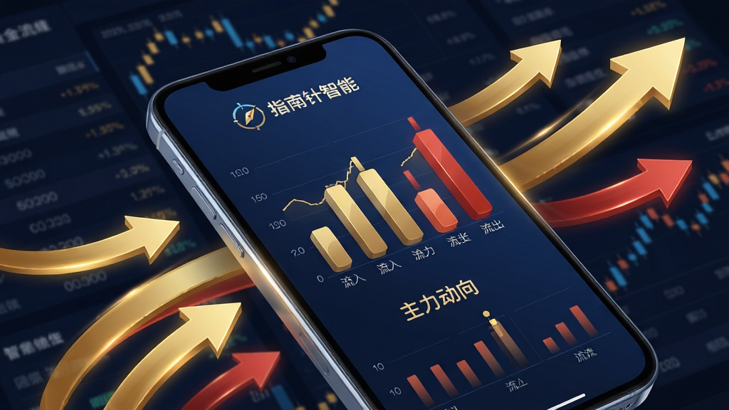 主体:智能手机展示指南针智能的资金流向页面,背景是深色金融数据看板。布局:手机屏幕占据画面主要部分,四周环绕着流动的金色与红色箭头,代表资金流动方向。排版:屏幕内展示清晰的资金流入流出柱状图,顶部有“指南针智能”标识,下方有“主力动向”文字。风格:商务科技风、深蓝与金色配色、动态效果强。细节:箭头带有光晕,数据柱状图立体感强,手机边缘高光。画质:高分辨率渲染,画质干净,无多余元素。