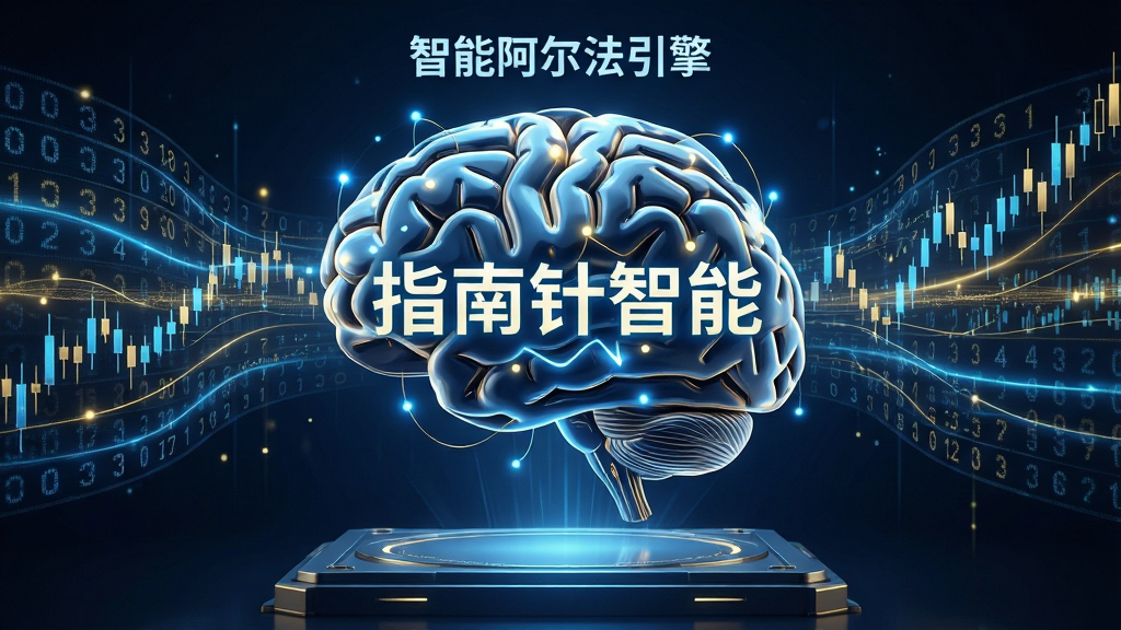 主体:抽象化的AI大脑与股市数据流结合的画面,中央悬浮着发光的“指南针智能”字样。布局:大脑位于画面中央,左右两侧对称流淌着由数字和K线组成的光带。排版:大脑结构复杂精密,光带流动感强,底部有稳定的平台支撑,上方标注“智能阿尔法引擎”。风格:未来科技感、蓝色与金色主调、光影交错。细节:神经节点闪烁着数据点,金属质感的线条,背景深邃。画质:超高精细度,画面干净整洁,无多余元素。