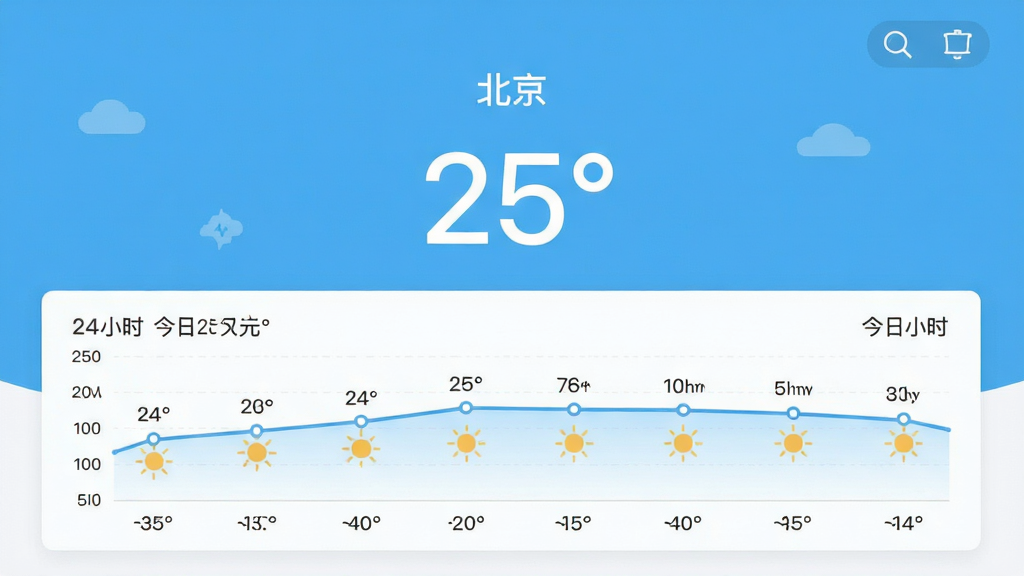 ͼƬչʾ��������Ӧ�������棬���涥����ʾ��ǰ���С���������������ֺ���ʾ��ǰ�¶ȡ�25�㡱���·��Ժ�������չʾ����24Сʱ��������ͼ���������ƽ����ƣ���ɫ��Ϊ��������ɫ�������ɾ���UIԪ���Ű����룬�������������ʸ��壬�޶���Ԫ��