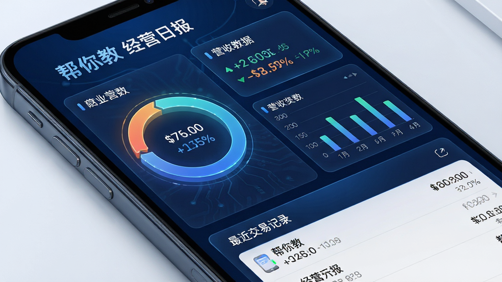 主体:智能手机屏幕展示“帮你教”的财务统计仪表盘。布局:屏幕上以环形图、柱状图展示营收数据,下方是最近交易记录的滚动列表。排版:数据卡片整齐排列,背景为深蓝色科技感界面。风格:数据可视化、专业、高端。细节:图表边缘有发光效果,金额数字显示清晰,标题为“帮你教 经营日报”。画质:高分辨率,质感细腻,干净,无多余元素。