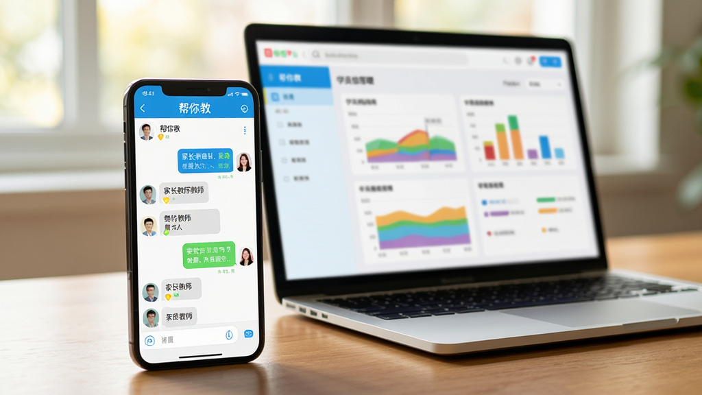 主体:一部智能手机和一台笔记本电脑并排放在木质桌面上,屏幕均打开“帮你教”软件界面。布局:手机竖屏显示聊天对话列表,电脑横屏显示学员信息管理页面。排版:手机在前,电脑在后,形成视觉纵深感。风格:真实生活场景、温馨、自然光。细节:手机屏幕上有“帮你教”字样和家长与教师的对话气泡,电脑屏幕显示彩色数据图表。画质:照片级真实感,焦点清晰,干净,无多余元素。
