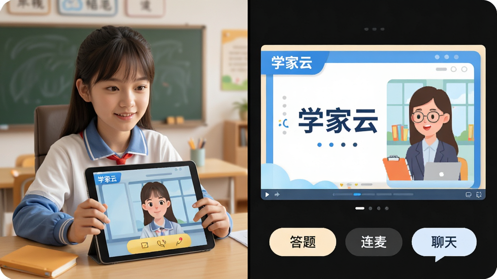 主体:在线直播课堂场景,一名学生正通过平板电脑与屏幕中的老师进行互动。布局:画面左侧为老师视频窗口,右侧为课件展示区,底部有互动按钮栏。排版:整体采用分屏布局,老师窗口占40%,课件区占60%,底部按钮清晰标注“答题”“连麦”“聊天”。风格:写实与卡通结合,色调明亮温馨,突出教学氛围。细节:课件上显示“学家云”字样,学生表情专注。画质:高清、干净、无多余元素。