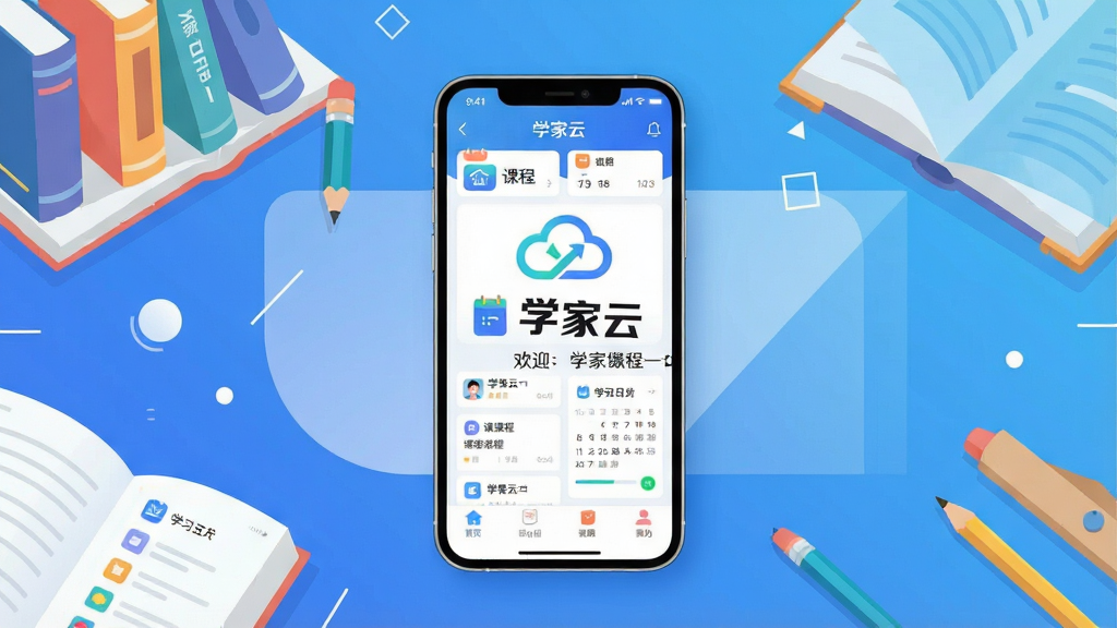 主体:一款名为“学家云”的教育类APP的界面展示图,屏幕中央显示着“学家云”的Logo和欢迎语。布局:主视觉为一部智能手机平放在桌面上,屏幕内容清晰可见,周围环绕着书本、铅笔等学习元素。排版:手机屏幕占画面中心约70%,背景为渐变的蓝色教育风格,配以简洁的白色几何图形。风格:现代扁平化插画风格,色彩明亮活泼,体现科技感与亲和力。细节:手机屏幕中展示“学家云”主界面,包含课程列表、学习日历和进度条,UI设计精美。画质:高清、干净、无多余元素。