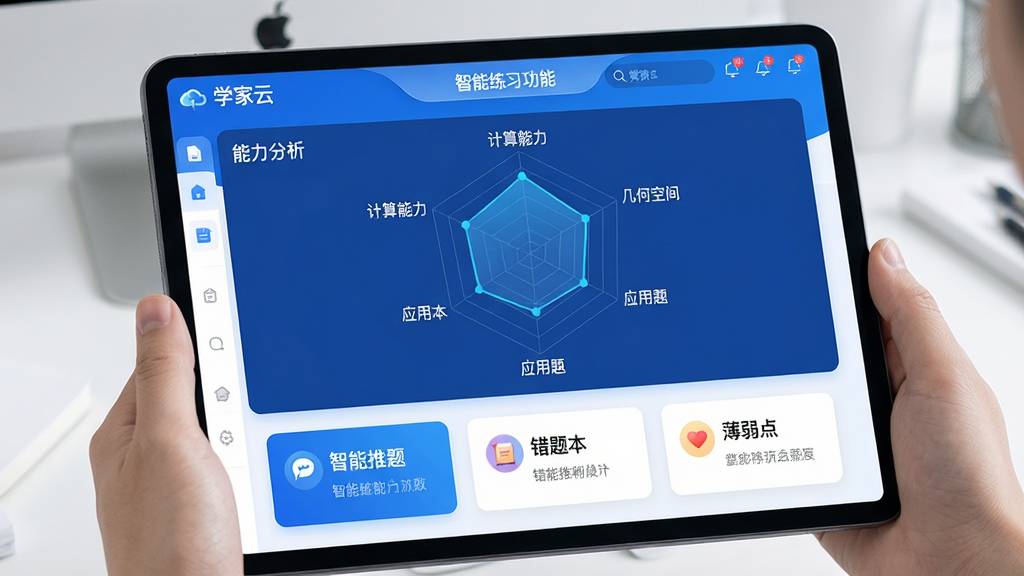 主体:一款名为“学家云”的学习软件在平板电脑上展示智能练习功能页面。布局:屏幕中央显示雷达图式的能力分析,下方排列着“智能推题”“错题本”“薄弱点”三个功能卡片。排版:页面UI简洁,主次分明,能力分析图占40%视觉重心。风格:科技感UI设计,蓝白配色,数据可视化清晰。细节:雷达图各维度标注“计算能力”“几何空间”“应用题”等标签。画质:高清、干净。