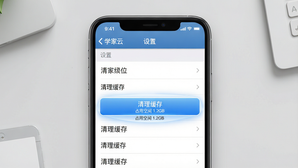 主体:手机屏幕显示“学家云”APP的“设置”界面,突出“清理缓存”选项。布局:手机竖屏居中,界面列表清晰,背景为简约的浅灰色桌面。排版:屏幕内容占主体约80%,上方有“设置”标题栏。风格:拟物化UI设计,色彩真实,光影自然。细节:设置列表中“清理缓存”按钮高亮显示,下方标注“占用空间 1.2GB”。画质:高清、干净、无多余元素。
