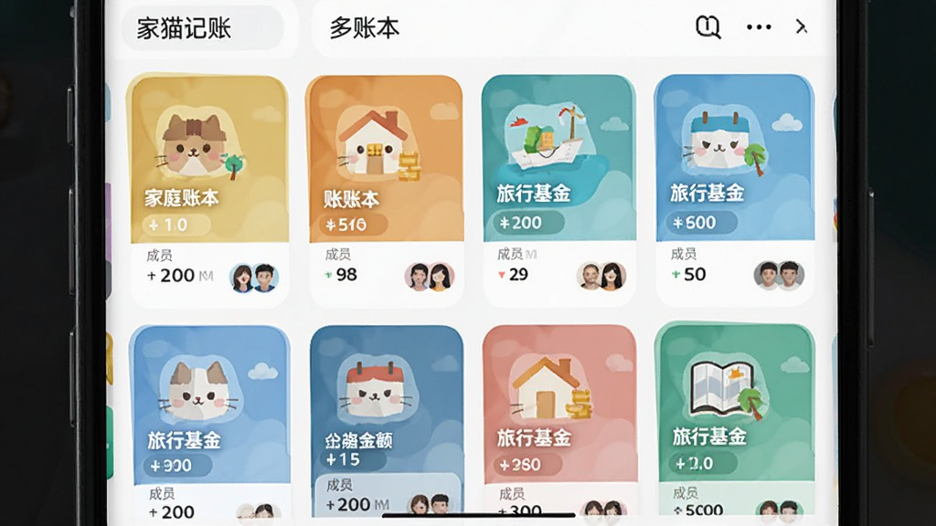 懒猫记账多账本界面预览,主体是手机屏幕列出多个账本封面如“家庭账本”、“旅行基金”,布局为网格状卡片,每个卡片有不同颜色和图标,风格清新插画风,细节显示账本余额和成员头像,排版整齐,画质干净