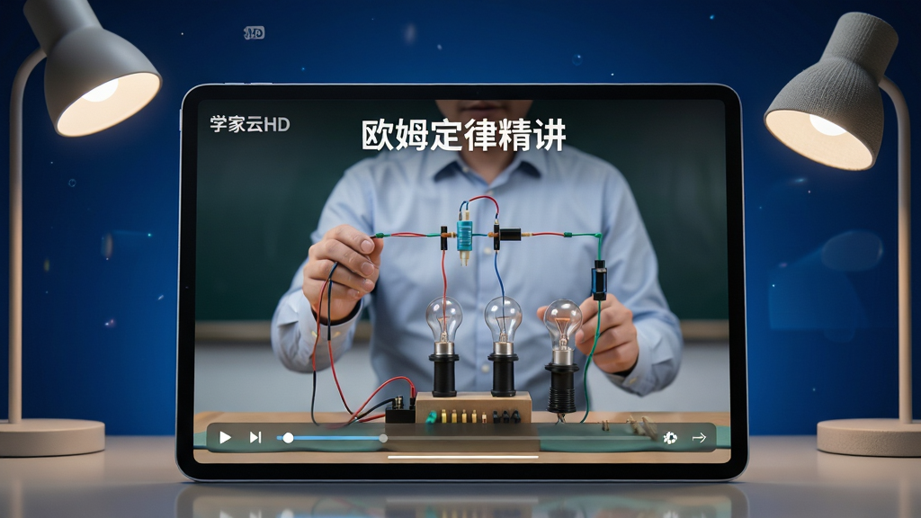 主体:平板电脑横屏播放一节高中物理课,画面中老师正在演示电路实验,屏幕上导线和灯泡细节清晰可见。布局:平板电脑占据画面中央,屏幕内容正对镜头,左右两侧各有一盏简约台灯提供侧光,背景为深蓝色渐变,突出屏幕发光效果。排版:屏幕左上角有“学家云HD”小字标识,下方播放控制条半透明悬浮,课程标题“欧姆定律精讲”以白色字体显示在顶部。风格:现代科技感风格,结合柔和的光影过渡,屏幕反射出轻微的环境光,视觉效果深邃且聚焦。细节:电路元件边缘锐利,老师手势自然,台灯灯罩纹理真实,屏幕玻璃反光处理细腻。画质:8K分辨率,画质锐利干净,无多余元素,所有视线焦点集中于屏幕教学内容和“学家云HD”标识。