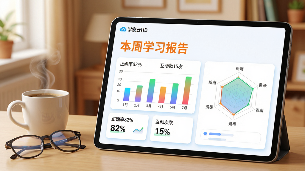 主体:一个平板电脑屏幕展示学习报告的图表页面,包含柱状图和雷达图,上面标注着“正确率82%”、“互动次数15次”等数据。布局:平板电脑位于画面中央偏右,屏幕朝左前方倾斜,左侧桌面上放着一杯冒着热气的咖啡和一副眼镜,背景是温馨的家庭书房一角。排版:屏幕上“学家云HD”的Logo位于左上角,报告标题“本周学习报告”使用橙色加大字体,下方的数据卡片以网格状排列,色彩清新易读。风格:扁平化与轻拟物结合风格,报告页面背景为白色,卡片带有淡蓝色阴影,整体色调明快,传递出积极的学习反馈感。细节:柱状图的渐变色彩过渡自然,雷达图的网格线清晰,咖啡杯中的热气微微上升,眼镜镜片有轻微反光。画质:4K高清画质,画面干净整洁,无多余杂物,主体突出。