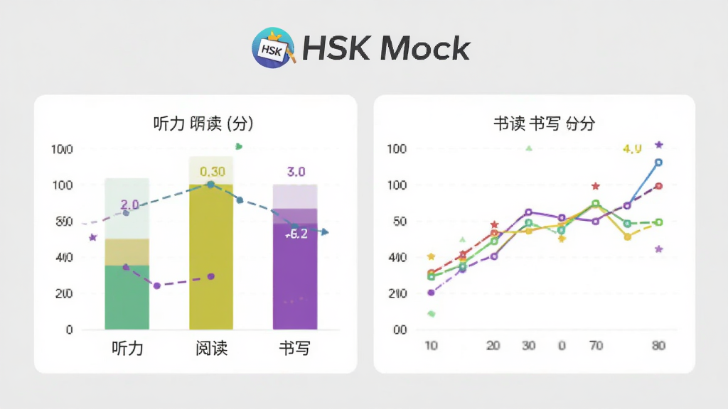 现代数据分析风格插图,展示HSK Mock的成绩报告页面,包含柱状图和折线图,显示听力、阅读、书写分项得分,背景为淡灰色,图表色彩鲜艳,界面顶部有“HSK Mock”标志,整体风格专业清晰,画质高清无杂物