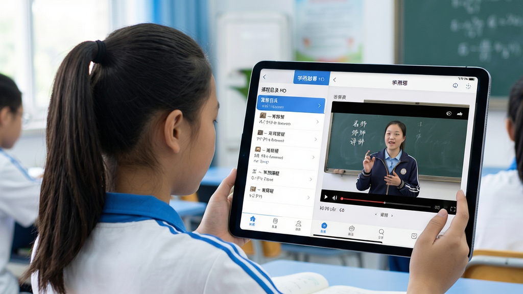 一张展示学而思HD应用界面的高清截图,画面中央是一个扎着马尾的中学生正使用平板电脑学习数学课程,屏幕上有清晰的课程列表和名师讲解画面。整体布局采用左右分栏设计,左侧显示课程目录,右侧为视频播放区,画风明亮活泼,色彩以蓝色和白色为主色调,体现教育科技感,细节真实,画质清晰干净,无多余元素。