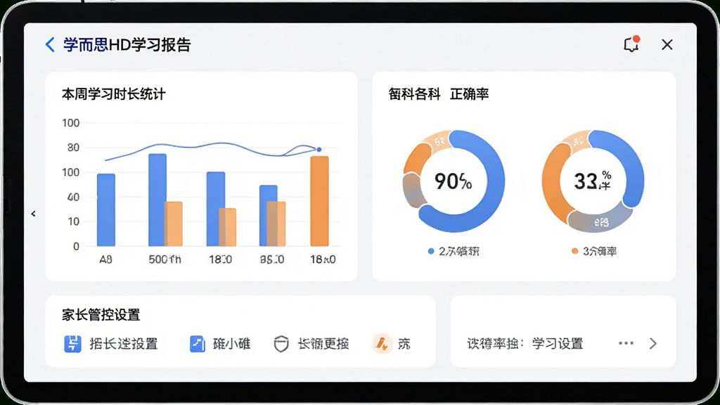 学而思HD学习报告界面,屏幕上显示本周学习时长统计柱状图,以及各科正确率环形图,下方有家长管控设置选项。整体设计采用卡片式布局,背景为白色,图表使用蓝色和橙色,清晰直观,细节真实,画质高清,无多余元素。