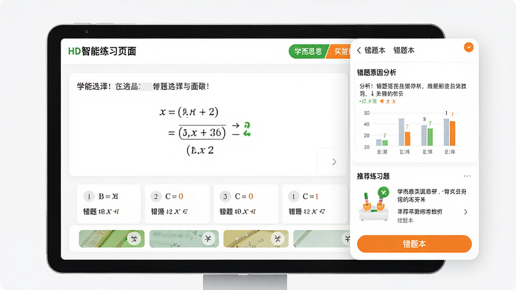 学而思HD智能练习页面展示,屏幕上显示一道数学选择题,下方有四个选项,右侧弹出错题本界面,包含错题原因分析和推荐练习题。整体界面风格简洁清爽,以白色为底色,搭配绿色和橙色强调按钮,图表数据清晰易读,画质高清,细节丰富。
