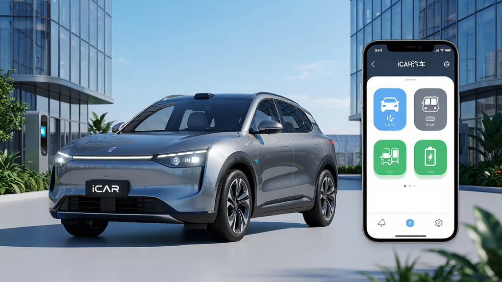 ���壺һ����������Ƶ�iCAR����ԴSUVͣ�����ִ����пƼ�԰������ͷLED��Ƶ����������С�iCAR�������ʶ�����֣��������ڻ�������ƫ���Ҳ����״����������ֻ����棬��ʾAPP���Ƴ����յ��������������ȵ�ͼ�ꡣ�Ű棺���½ṹ���Ϸ�Ϊ�����벣��Ļǽ���·�Ϊǳ��ɫ��������ֲ�����дʵ��Ⱦ��ϱ�ƽ��UIԪ�أ��Ƽ���ǿ��ϸ�ڣ����������ʸ���������Ļ�������ֿɱ桰iCAR����������������ͼ��Բ�󡣻��ʣ�8K���壬��Ӱ��Ȼ������ɾ��޶���Ԫ�ء�