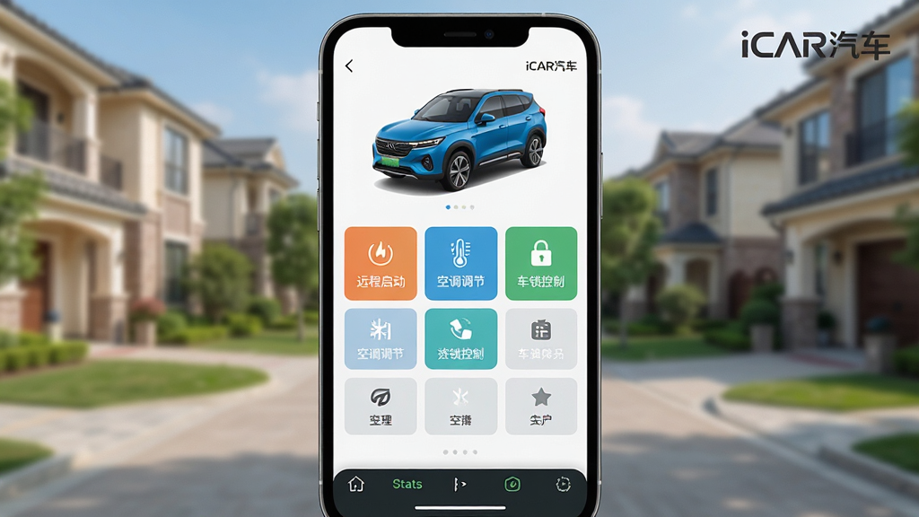 ���壺һ�������ֻ���Ļ��ʾiCAR����APP��Զ�̿��ƽ��棬����Ϊģ����סլС�������֣��ֻ���Ļռ�������壬���涥����ʾ����ģ�ͣ��в�Ϊ���ܰ�ť���󣬵ײ�Ϊ״̬�����Ű棺���ҶԳƣ���ť�����ܷ������С�����ִ���ƽ��UI��ƣ�ɫ�����¡�ϸ�ڣ���Ļ�пɼ���Զ�������������յ����ڡ������������ơ���ͼ�꣬����Ϊ��ɫSUV���������Ͻ��С�iCAR���������������ʣ�����ϸ�壬�������ڵ�������ɾ���