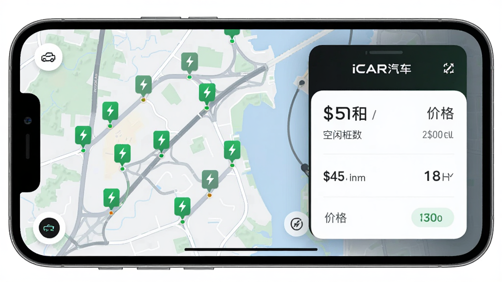 ���壺һ���ֻ�������ʾiCAR����APP�ĳ���ͼ���棬����Ϊ��ͼ��·�����֣����Ϊ��ͼ����վ��ǣ��Ҳ൯��������鿨Ƭ���Ű棺��Ƭʽ���֣���Ϣ�㼶�����������ǳɫģʽ�л����ִ�UI���ϸ�ڣ���ͼ������ɫ����ͼ��ĳ��վ����Ƭ��ʾ�۸񡢿���׮���������С�iCAR���������������ʣ�����ϸ�ڷḻ�������������޶���Ԫ�ء�