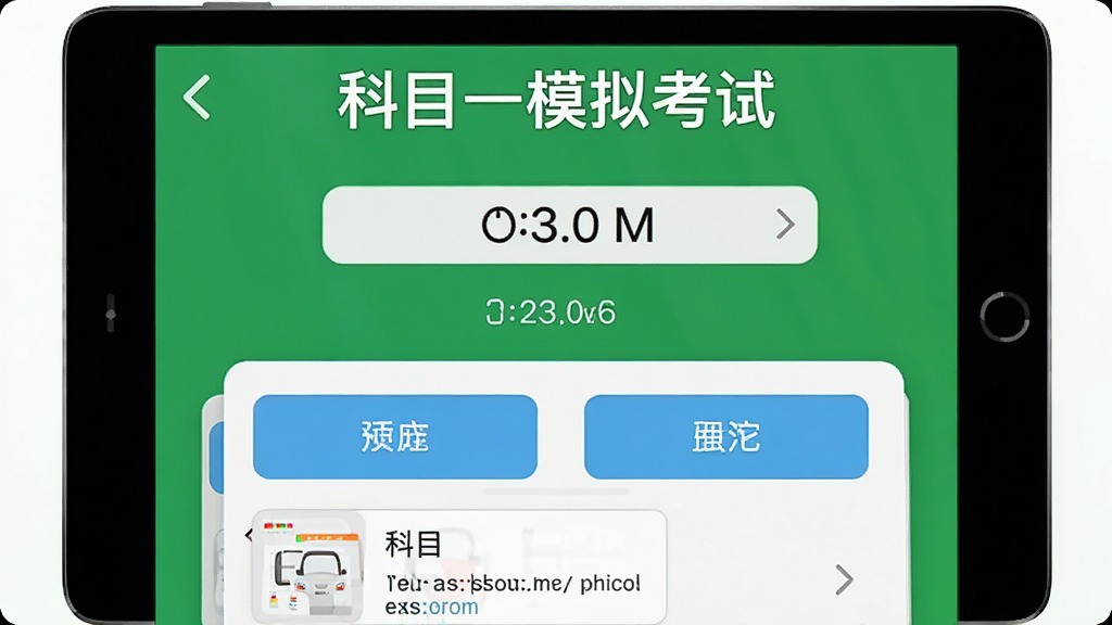 驾校一点通极速版模拟考试界面截图,显示计时器、题目序号、选项按钮,绿色背景,界面顶部有“科目一模拟考试”字样,下方是答题卡,整体风格干净明亮,画质清晰,无多余元素