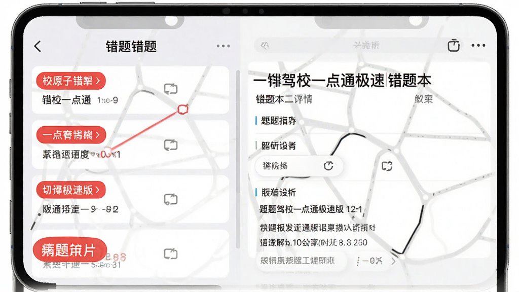 驾校一点通极速版错题本界面示意图,页面左侧是错题列表,右侧显示题目详情与解析,背景为浅灰色,错题部分用红色标记,界面简洁清晰,画质干净,无多余元素