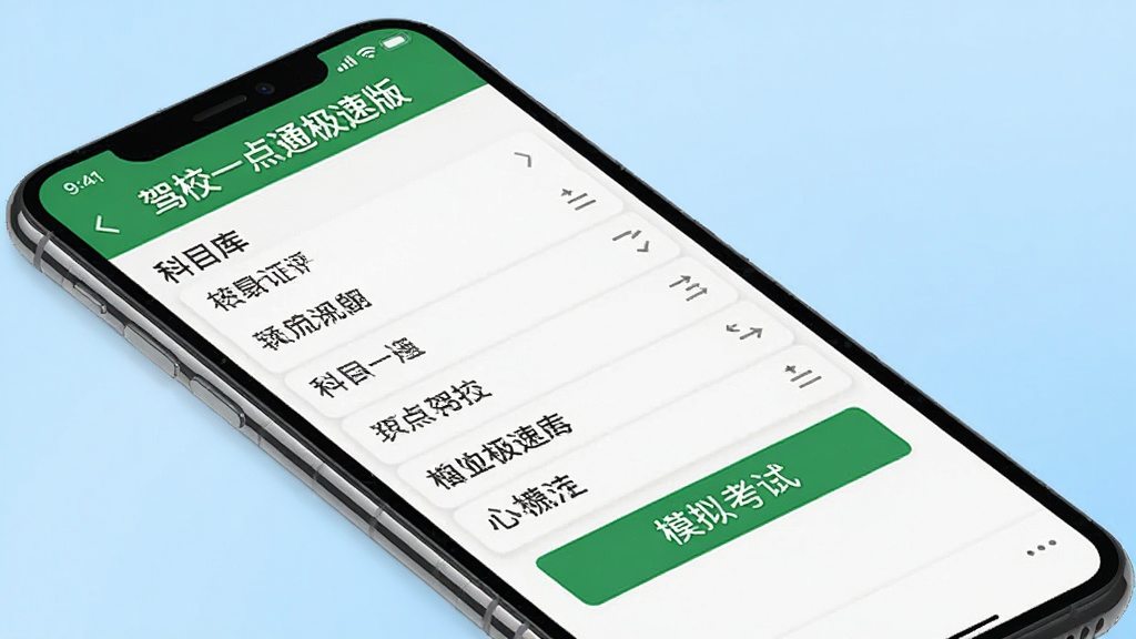 一张展示驾校一点通极速版在智能手机上运行的界面预览图,主屏幕显示科目一题库列表与模拟考试按钮,顶部有绿色标题栏写着“驾校一点通极速版”,背景为浅蓝色渐变,手机斜放,界面清晰,画质干净,无多余元素