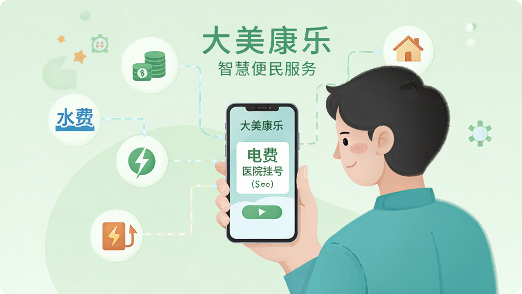 �廭���ͼƬ��չʾһ���û�ʹ���ֻ������������ɷѡ�ҽԺ�ҺŵȲ������ֻ���Χ�м���ͼ�������������ˮ�ѡ���ѡ�ȼ����Ԫ�أ�����Ϊ��͵�ǳ��ɫ������ͻ�����������֡��ǻ۱���ķ���������ʸɾ����࣬�޶���Ԫ��