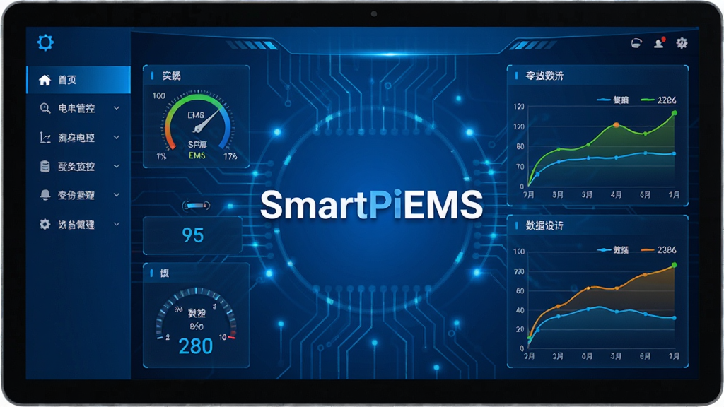 SmartPiEMS�����ϵͳ�����棬չʾʵʱ���������Ǳ��̣���ɫ�Ƽ��б�������๦�ܵ��������Ҳ�����ͼ�������ߣ���Ļ������ʾ��SmartPiEMS��logo����������רҵ��������Ⱦ�����־��⣬ɫ��������ϸ�ڷḻ�����������ɾ����޶���Ԫ��