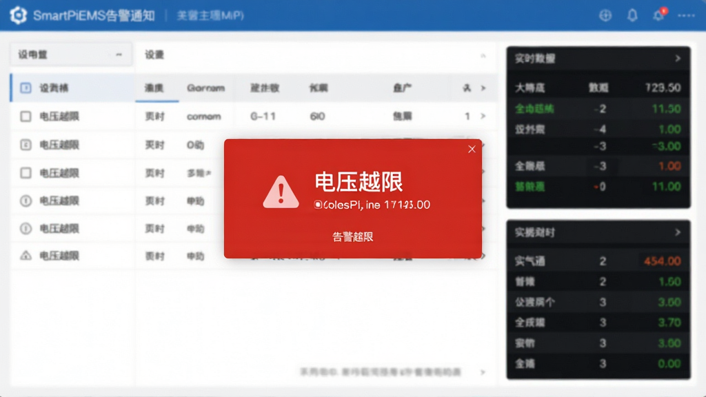 SmartPiEMS�澯֪ͨ���棬��Ļ���뵯����ɫ�澯��������ʾ����ѹԽ�ޡ�������Ϣ������Ϊ��������棬���豸�б���ʵʱ���ݣ�����࣬��ʾЧ�����ԣ�����������ϸ�ڵ�λ�����ʸߣ��ɾ��޶���Ԫ��