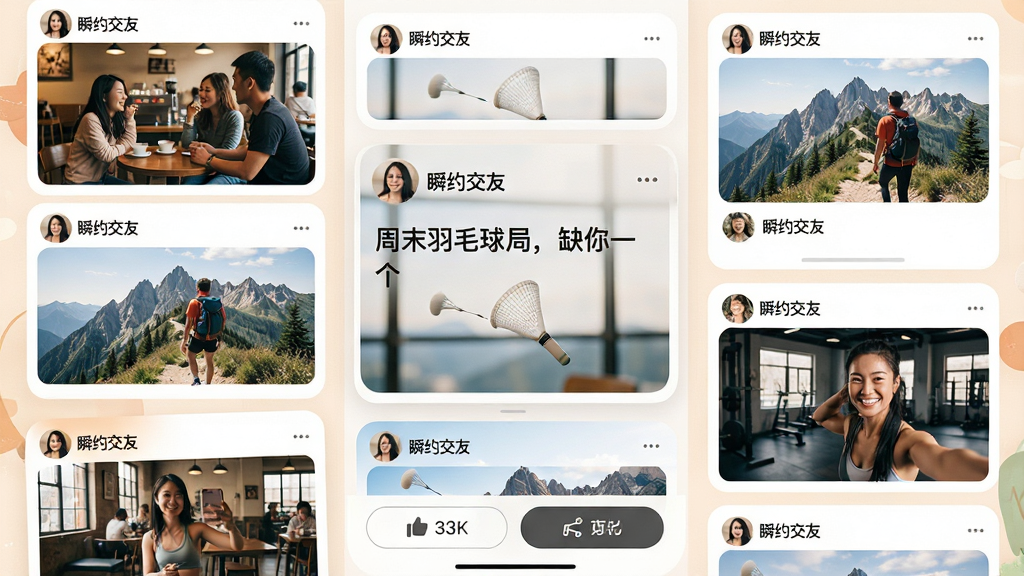 ���壺�ֻ��ٲ�����Ϣ���棬չʾ���š�˲Լ���ѡ��û������Ķ�̬��Ƭ���п������ۻᡢ������ɽ�����������ĵ�ͼƬ�����֣����þŹ���������У�ÿ�ſ�Ƭ��С��һ���������¡��Ű棺���Ĳ���Ϊ���Ŀ�Ƭ��������ʾ�û�ͷ��͡�˲Լ���ѡ����û��ǳƣ�����Ϊ����ĩ��ë��֣�ȱ��һ���������дʵ������Ӱ���ůɫ��������Ӫ����ܰ��Ծ��������Χ��ϸ�ڣ�ͼƬ���������ݻ���������չʾ�ḻ�������罻����������ײ��н�����ť�����ʸɾ��޶���UIԪ�ء�