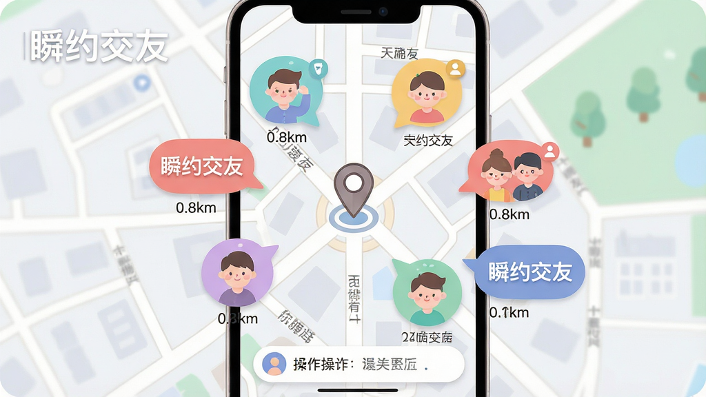 ���壺�ֻ���ͼ���棬���û���ǰλ��Ϊ���ģ���Χɢ���Ŷ�����С�˲Լ���ѡ���־�Ĳ�ɫͷ�����ݡ����֣����Ӿ�Ϊһ�Ÿ��ӵ��ֻ���ͼ����ͼ�������û���λͼ�꣬���ܷ���״���������û�ͷ���ǡ��Ű棺��ͼռ����Լ80%�����Ͻ��С�˲Լ���ѡ���͸��logoˮӡ���ײ��в�����ʾ������񣺱�ƽ���廭�����ɫ�������£�ͼ�����Բ��ɰ���ϸ�ڣ�ÿ��ͷ�������·��ɱ�ע�����硰0.8km������ͼ��������չʾ�ֵ����ƣ����廭��ɾ����࣬�޶������ָ��ţ������������塣
