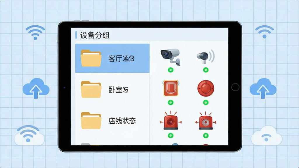 ����һ�������ǿ�ϵͳ���豸��������Ĳ�ɫ�廭��������һ̨ƽ����Ժ���չʾ�����б������Ϊ���������ҡ����̵��ļ���ͼ�꣬�Ҳ�����������ͷ������������������Сͼ�꣬ÿ��ͼ���·�����ɫ����ָʾ�ƣ�����Ϊ����ɫ���񣬲��ֶԳ�����������Լ����ϸ�ڰ���WiFi�������ƶ�ͬ����ͷ�����ʸɾ������ֱ�ǩ��ʾ���豸���顱�롰����״̬�����޶���Ԫ��