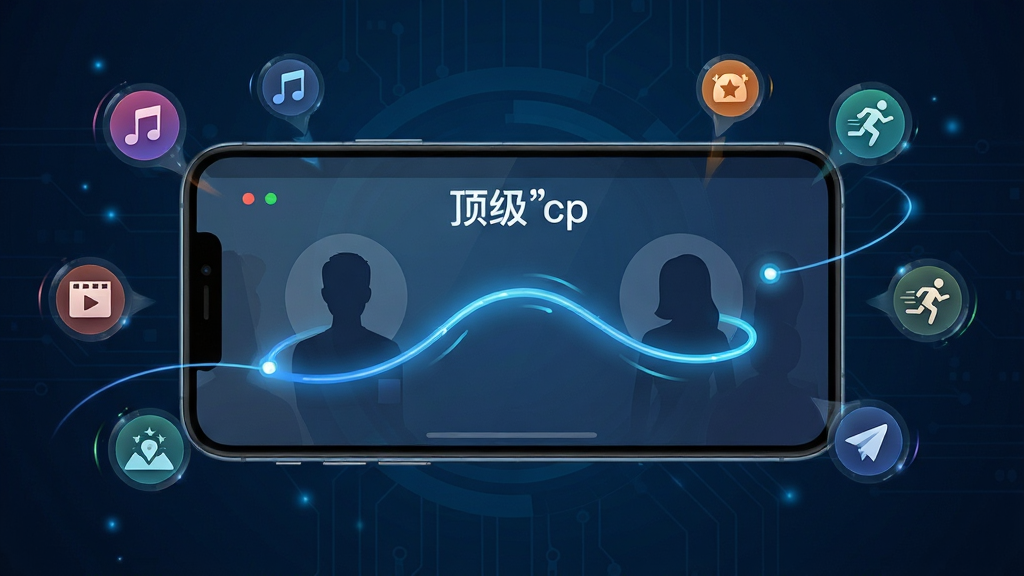 主体:智能手机横屏展示“顶级cp”智能匹配过程,屏幕中两个人物剪影通过一条发光曲线连接,周围悬浮着兴趣图标。布局:左右对称构图,手机位于画面中央,图标环绕四周。排版:科技感UI界面,线条流畅,动态光效点缀。细节:曲线为蓝色渐变,图标包含音乐、电影、运动等元素,背景为深色科技蓝,画质细腻,干净无多余元素。